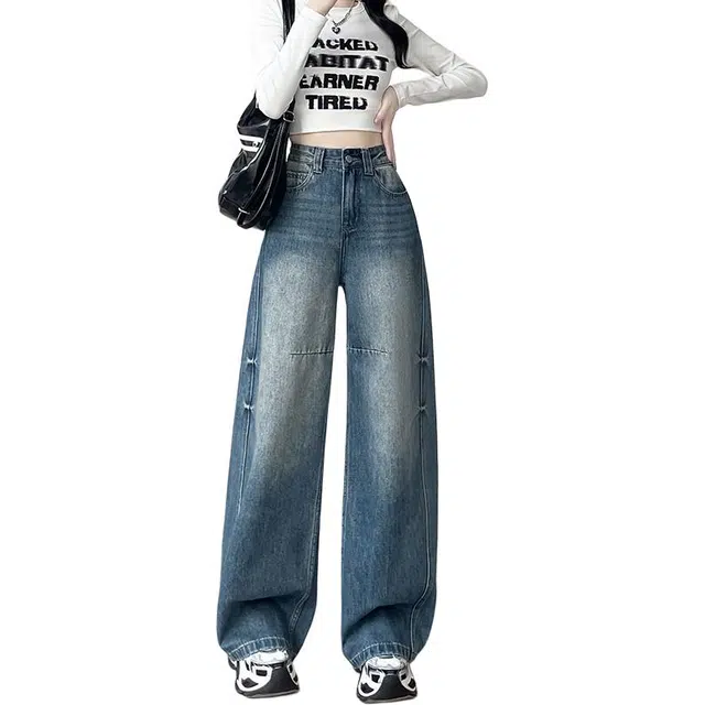 如续 复古高街风阔腿显瘦宽松扎染设计直筒拖地牛仔裤 女款