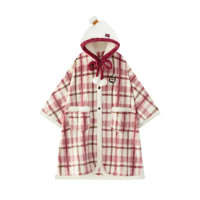 宫蝶 小企鹅可爱珊瑚绒斗篷保暖睡衣家居服可外穿卡通甜美宽松休闲大码加厚冬季睡袍 女款