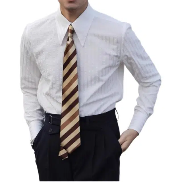 大格子与黑猫 意式儒雅长尖领扣领抗皱修身文艺欧美雅痞有型泡泡纱长袖条纹衬衫 男款