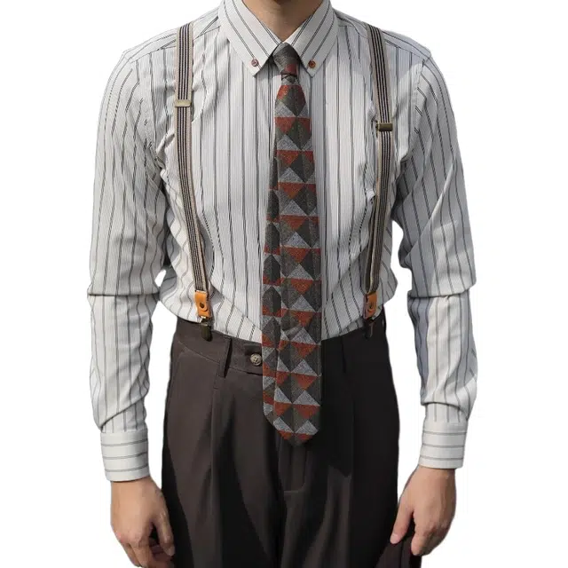 大格子与黑猫 英伦复古扣领修身长袖抗皱怀旧雅痞文艺港风美式条纹衬衣男衬衫 男款