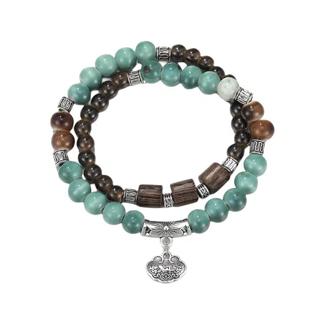 珂里 长命锁双层叠戴手饰新中式国潮复古小众高级感百搭手工串珠大气饰品 陶瓷 手串 女款