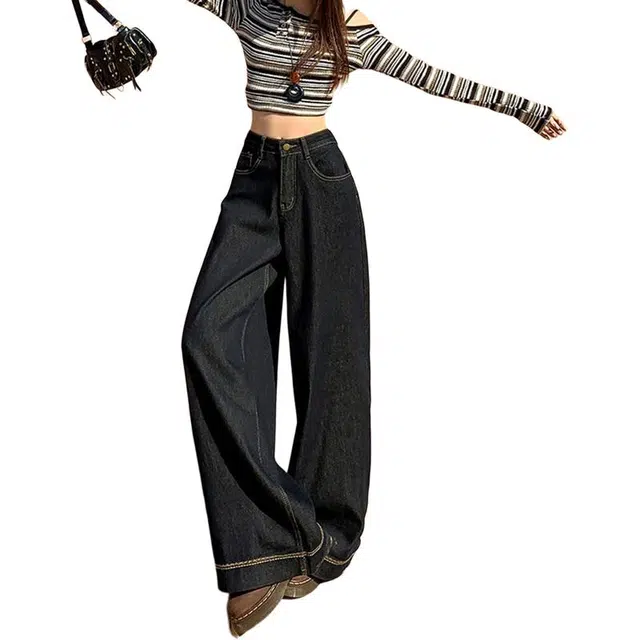 如续 美式复古纯色百搭基础款直筒阔腿长裤潮流显瘦宽松舒适休闲通勤牛仔裤 女款