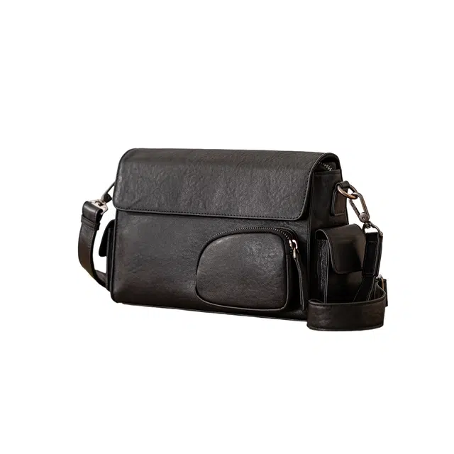 后步 小众百搭不撞款设计休闲高级感日常通勤 头层植鞣牛皮 单肩包 中号 男女同款情侣款 黑色