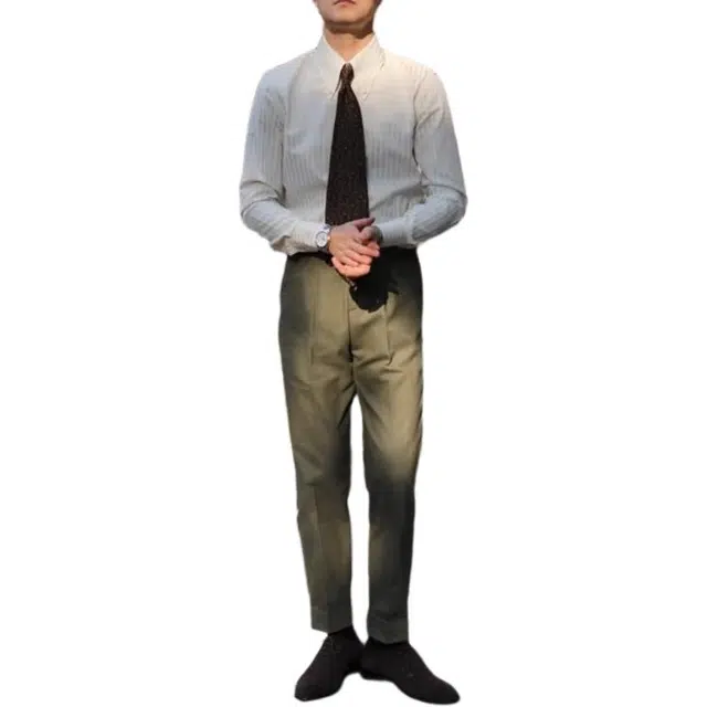 大格子与黑猫 意式儒雅长尖领扣领抗皱修身文艺 欧美雅痞有型商务长袖条纹 衬衫 男款