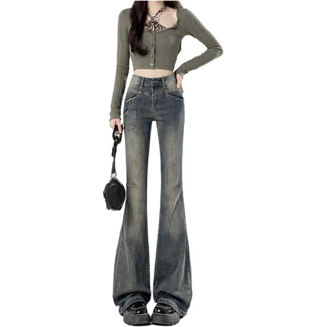 么宁 美式复古微喇叭马蹄裤高腰显高显瘦小个子显腿长修身潮流百搭铆钉设计感高街辣妹牛仔裤 女款