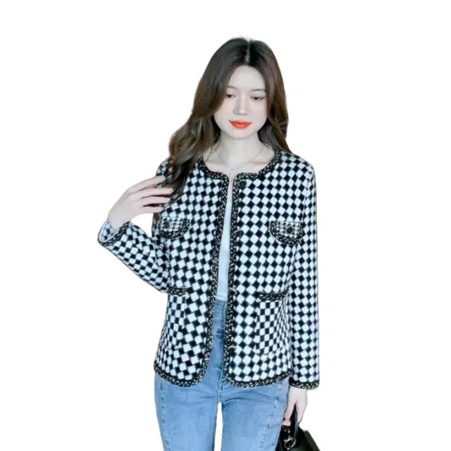 纤丝鸟 小香风千鸟格外套女高级感气质名媛小个子上衣大衣 女款