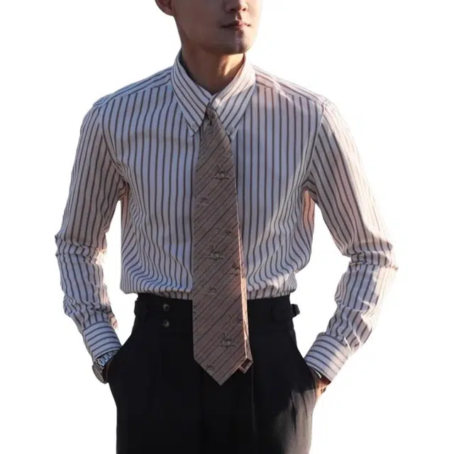 大格子与黑猫 意式大尖领商务上班咖黄色修身 韩版休闲潮男绅士条纹衬衫 男款