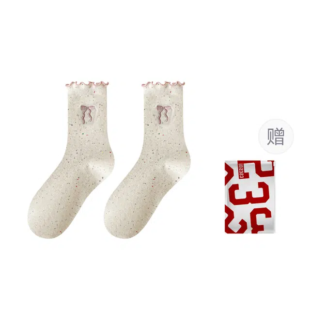二三二三 刺绣蝴蝶结花边可爱风舒适柔软运动袜透气排汗居家休闲袜日常通勤跑步健身舞蹈约会中筒袜 女款