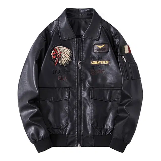 太子龍 美式复古春秋季刺绣机车皮衣 男款