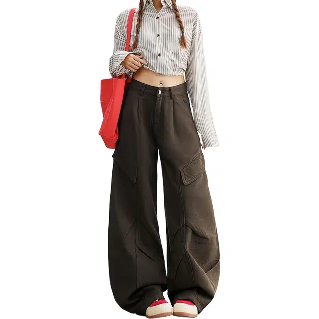 如续 高街美式双色显瘦宽松直筒高腰遮胯工装阔腿牛仔裤 女款