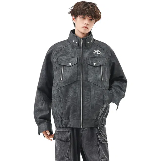 而度 高街复古蛇纹肌理工装多口袋精致印花工艺立领质感美式潮牌夹克外套皮衣 男女同款