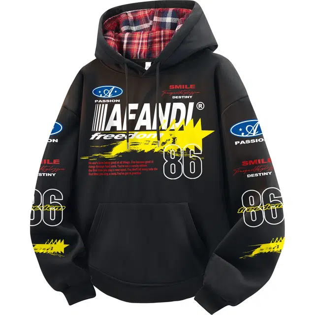 阿凡迪 美式复古街头简约基础格纹拼接设计涂鸦赛车字母潮牌印花宽松舒适休闲百搭时尚潮流无性别主义日常通勤抽绳长袖连帽卫衣 男女同款