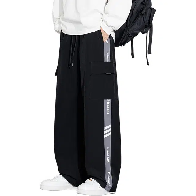 协协乐 山系户外机能高街风拼接撞色战术裤秋冬季宽松直筒阔腿拖地长裤垂坠感青少年弹力抽绳百搭休闲运动工装裤 男款