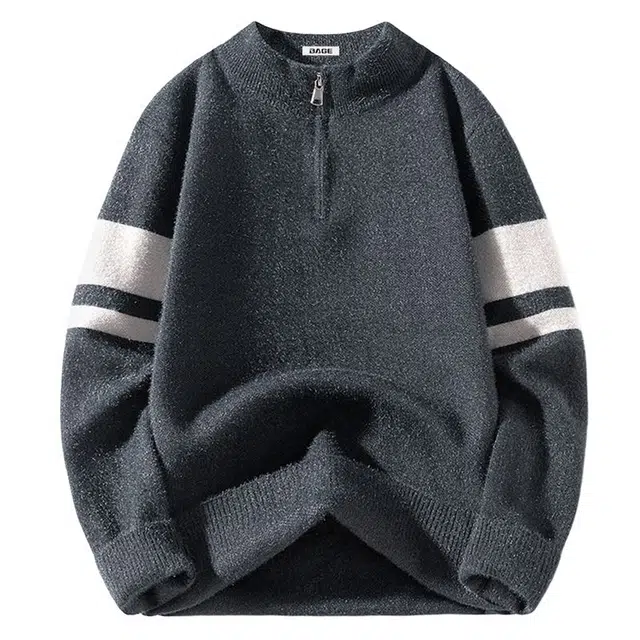 八哥 美式复古高街纯色拼接撞色半拉链经典舒适休闲百搭宽松设计感基础款亲肤柔软圆领套头慵懒针织衫 男女同款