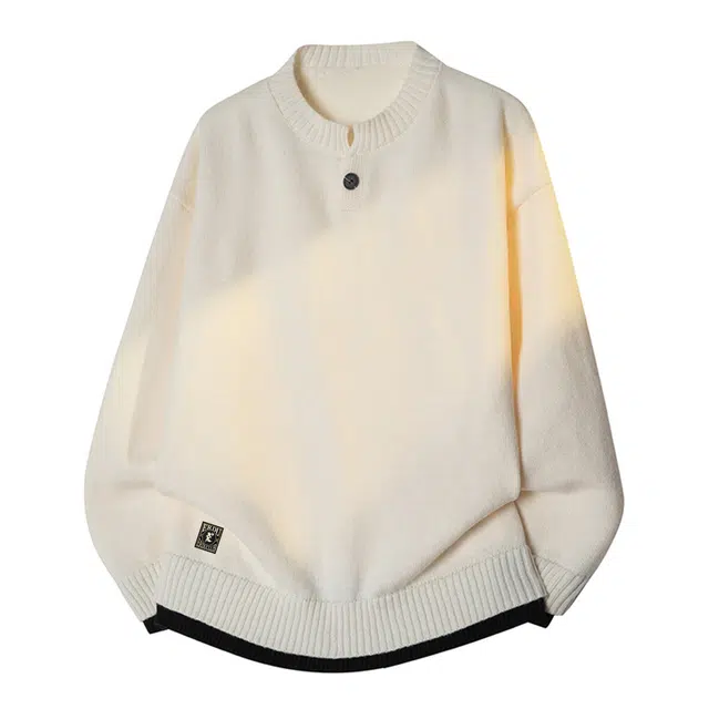 而度 高街复古圆领细腻针织工艺撞色下摆设计宽松慵懒风百搭上衣毛衣 男女同款