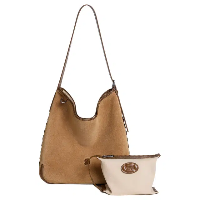 古良吉吉 棒球水桶包复古 牛皮 单肩包 大号 女款 棕色