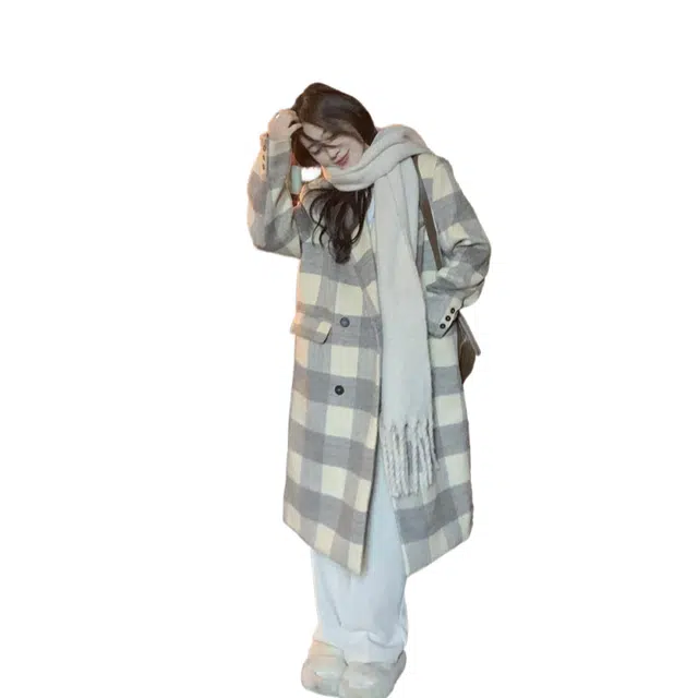 纤丝鸟 韩系海盐芝士格子外套女温柔风格纹高级感长款大衣 女款