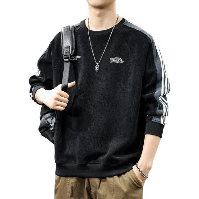 前进牛 美式经典复古潮牌中性风条纹撞色拼色运动欧棉绒美式潮流套头休闲户外百搭圆领长袖卫衣 男款