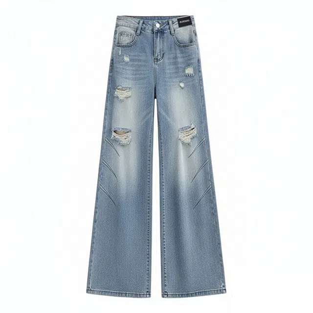 布客行 美式破洞遮肉显高显瘦复古直筒阔腿宽松舒适休闲百搭蓝色拖地垂感弯刀微喇长裤子水洗做旧设计感猫须高街柔软舒适牛仔裤 男女同款