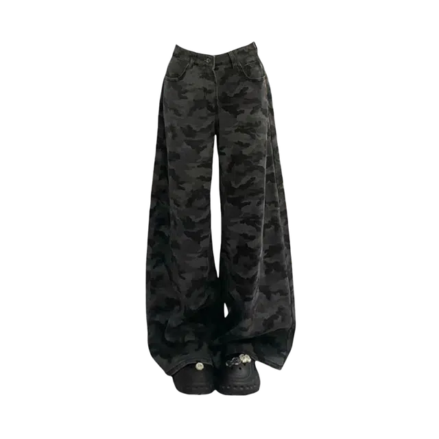 笔杏 经典迷彩印花深色系百搭高腰宽松版型显高显瘦裤腿拖地设计美式复古潮流穿搭慵懒风牛仔裤 男女同款