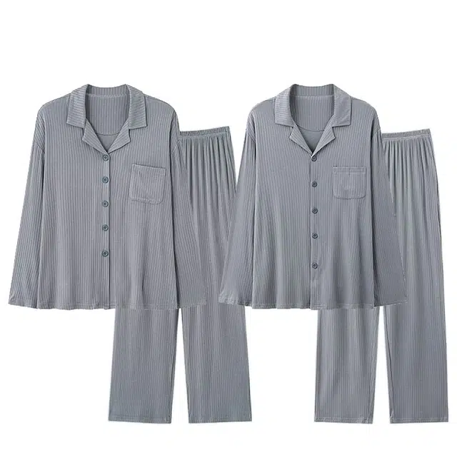 俏韵 翻领春秋季简约纯色长袖长裤甜美舒适休闲家居服可外穿睡衣套装 男女同款