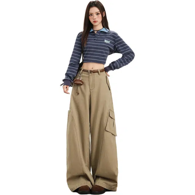 宝米卡 高腰复古工装百搭拖地长裤显瘦垂感阔腿裤子简约通勤休闲户外运动牛仔裤 女款