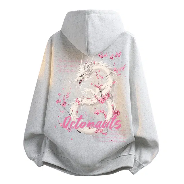 海底小纵队 复古樱花美式高街手绘涂鸦小白龙字母印花宽松潮流多场景适用穿搭舒适透气加绒加厚百搭时尚口袋套头连帽卫衣 男女同款