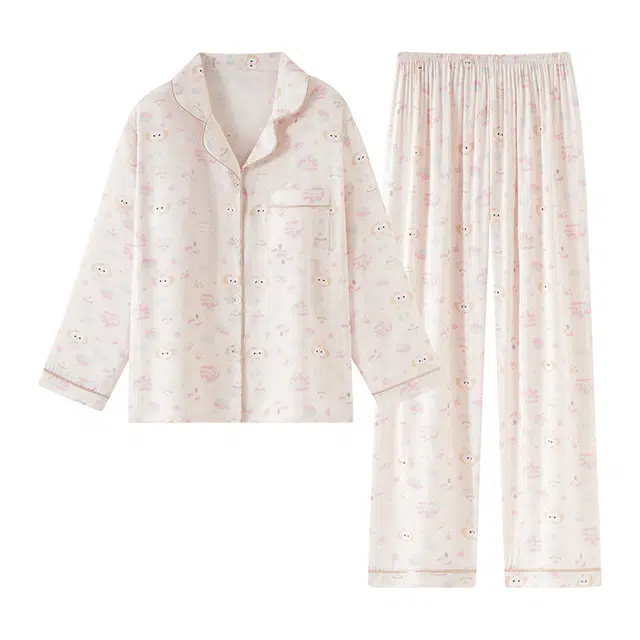 欧诗帛 冰丝卡通可爱春秋季可外穿长袖带胸垫家居服大码套装睡衣 女款