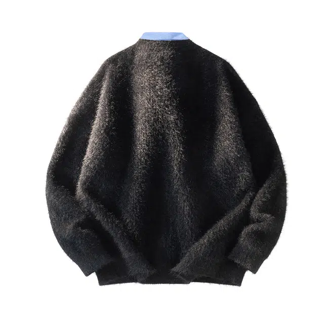 暴走的萝莉 美式街头潮流简约基础款纯色毛绒设计时尚休闲撞色条纹假两件宽松落肩衬衫领毛衣 男女同款