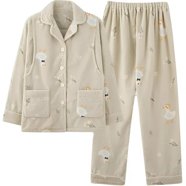 莫代尔 冬季加厚加绒怀孕期珊瑚绒月子服秋冬款产后哺乳家居服女士睡衣套装 女款