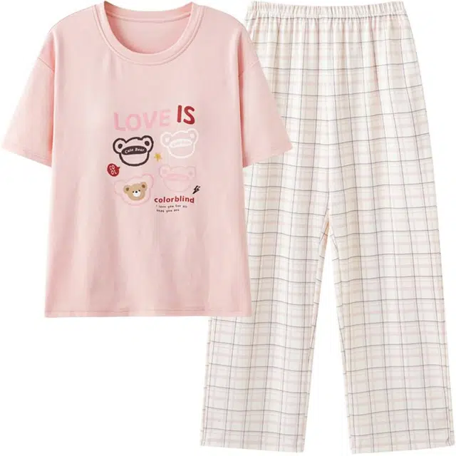 浮光岛屿 纯棉短袖长裤可爱小熊睡衣休闲宽松圆领可外穿家居服睡衣套装 女款 礼盒装 粉色