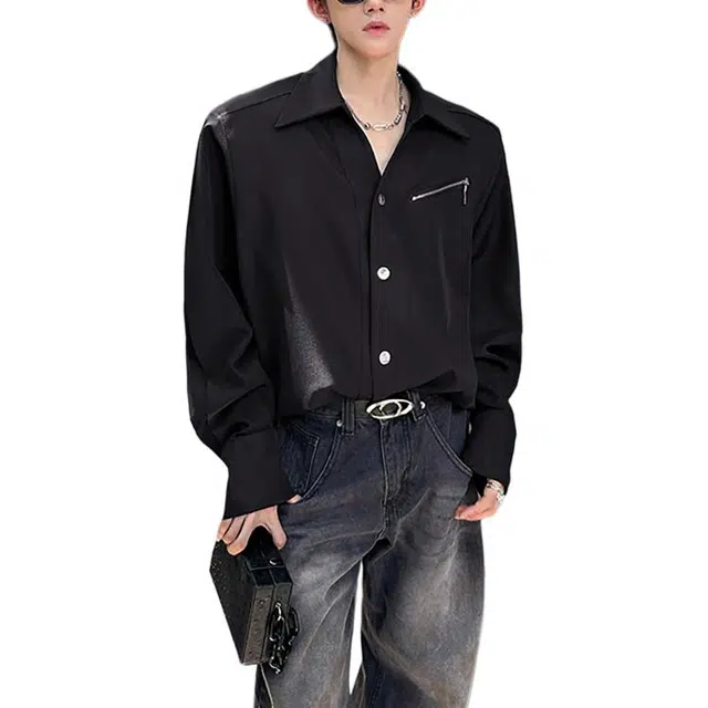 冈哉 美式垫肩解构金属纽扣高级感痞帅宽松显瘦廓形开衫春秋款长袖单排扣基础款潮搭垂感衬衫 男女同款