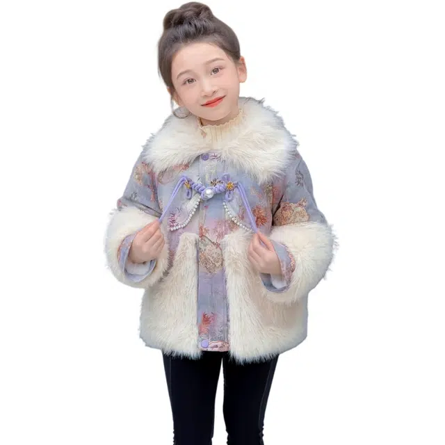 木清清上装 新中式时尚女童如意扇皮草毛毛衣加绒加厚外套 中小童