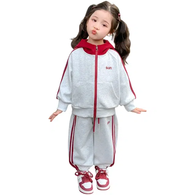 木清清休闲运动套装 潮流时尚儿童女童拉条舒适亲肤柔软长裤外套两件套 中小童