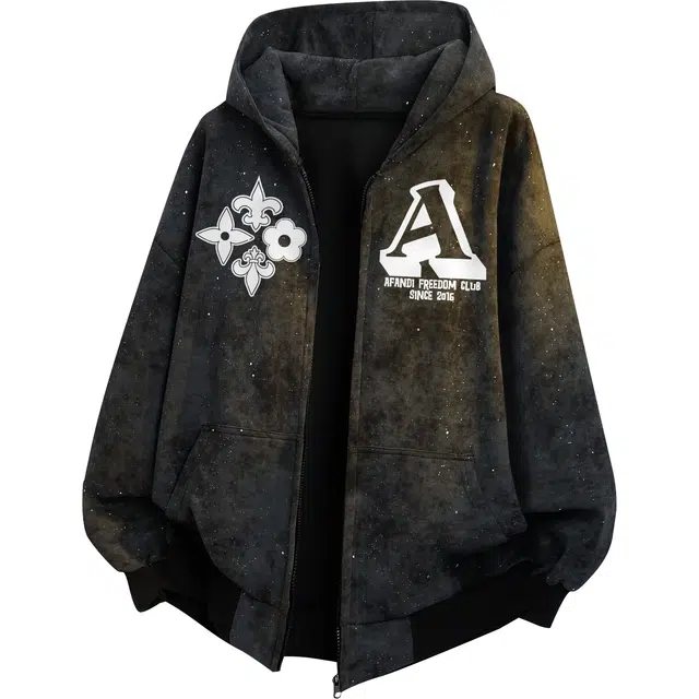 阿凡迪 美式复古街头简约基础扎染设计四时花境字母潮牌印花织唛宽松舒适休闲百搭时尚潮流无性别主义通勤长袖拉链开衫连帽卫衣 男女同款