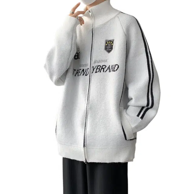 加荣 美式复古立领拉链宽松休闲慵懒松弛感青少年痞帅潮流时尚长袖针织衫 男女同款