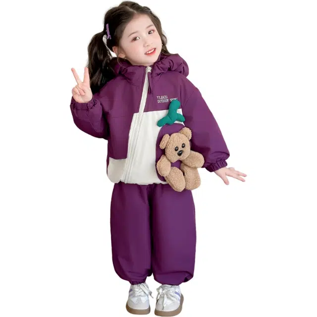 木清清休闲运动套装 可爱洋气女童南瓜帽小熊加棉加厚舒适保暖两件套 中小童