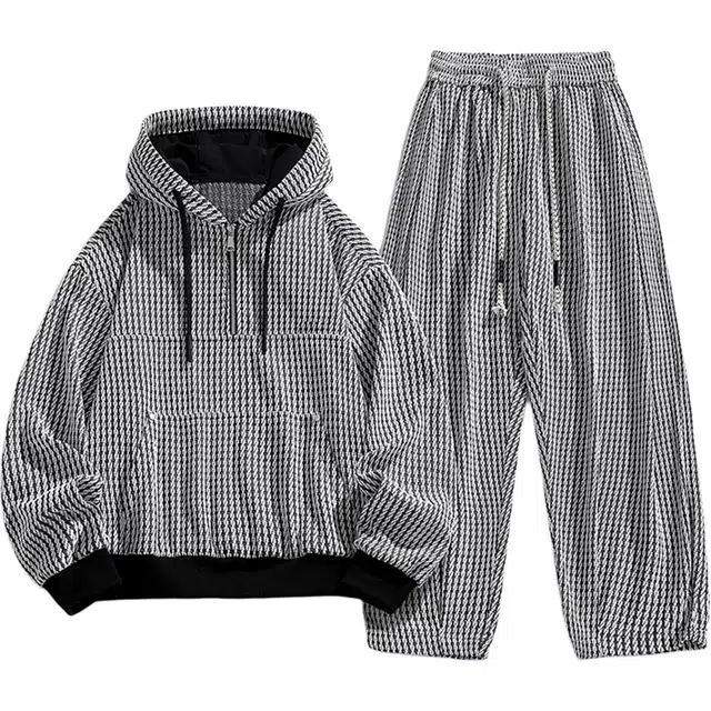 瑞梵帝斯 秋冬美式潮牌小香风条纹袋鼠兜设计半开衫连帽时尚百搭宽松长袖舒适亲肤高级感韩版日常通勤外穿运动休闲套装 男款