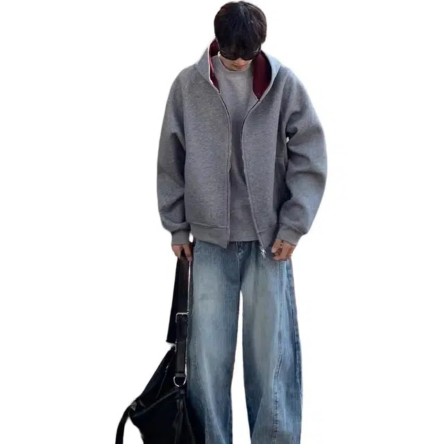 拓菲 美式纯色拉链开衫连帽秋季穿搭潮牌宽松廓形外套上衣卫衣 男女同款