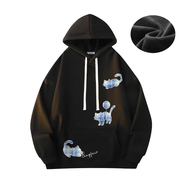冰飞 美式高街复古个性潮流学院风简约创意猫咪艺术品牌字母日常百搭时尚通勤亲肤舒适落肩长袖加绒加厚套头连帽卫衣 男女同款