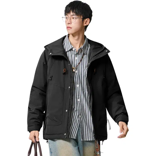 协协乐 工装棉服男情侣户外防风加厚保暖棉衣棉袄拉链开衫连帽外套秋冬季纯色青少年痞帅小众设计款夹克 男款