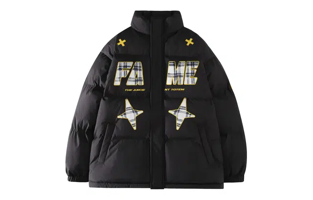 宜而爽 美式复古高街潮流学院风芒星帆布格子纹图案字母印花宽松休闲运动加厚保暖立领防风棉衣面包服外套日常通勤百搭棉服 男女同款