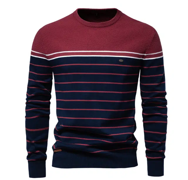 地界二 圆领男秋冬条纹拼接纯棉内搭保暖打底衫潮针织衫 男款