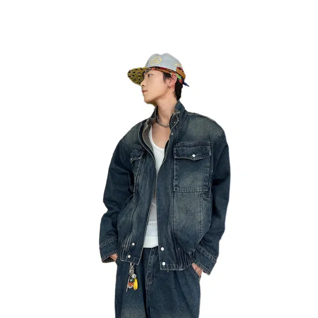 虫小绿 美式复古设计款双层立领短款夹克上衣春秋款潮流痞帅高级宽松休闲百搭拼接牛仔外套 男女同款