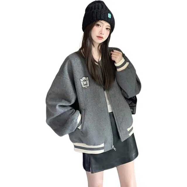 邦固依品 学院风小个子复古徽章撞色宽松春秋冬减龄大衣短外套女棒球服 女款
