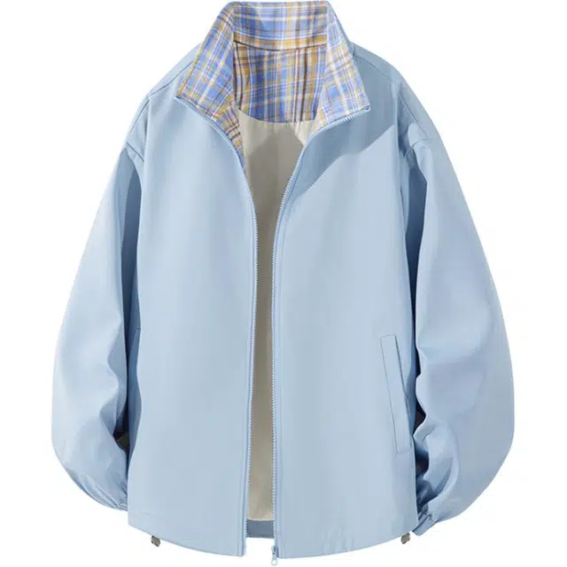 八哥 美式高街基础款经典复古纯色格纹撞色时尚潮流舒适设计感宽松百搭日常通勤简约工装飞行员拉链翻领长袖外套夹克 男女同款