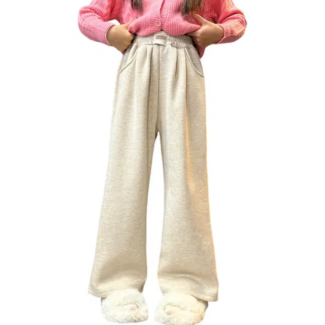 木清清长裤 简约大方中大童女童宽松柔软加绒阔腿糯米裤 青少年