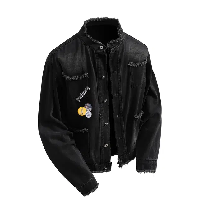 敦煌博物馆 美式高街水洗做旧磨破流苏设计感立领防风保暖牛仔小香风外套可拆卸金属字母徽章潮流嘻哈街头无性别主义百搭休闲夹克 男女同款