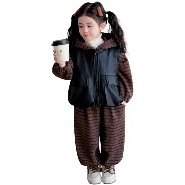 木清清休闲运动套装 个性潮流女童加绒加厚条纹连帽卫衣长裤皮马甲三件套 中小童