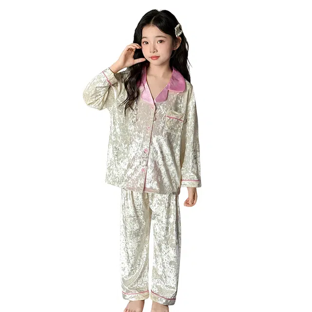 帕兰朵家居服套装 女童时尚甜美舒适金丝绒睡衣春秋款中大儿童洋气开衫加薄绒裤两件套青少年